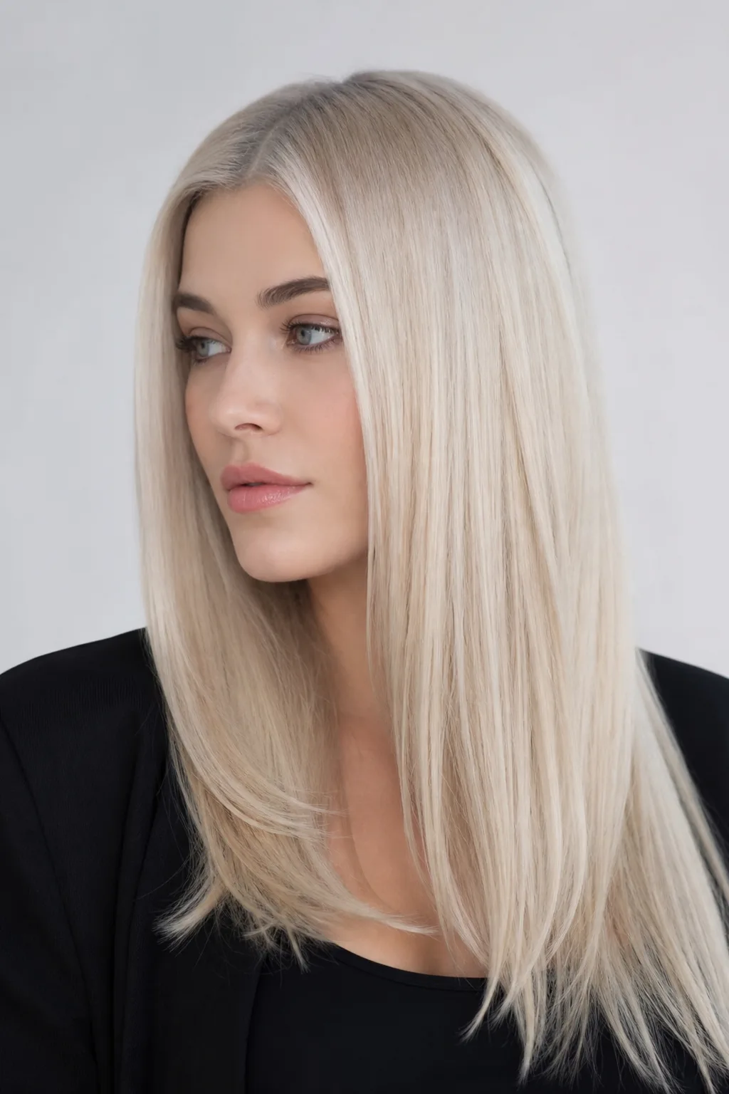 Platinblonder, glatter Long Bob – Arbeit aus dem Salon
