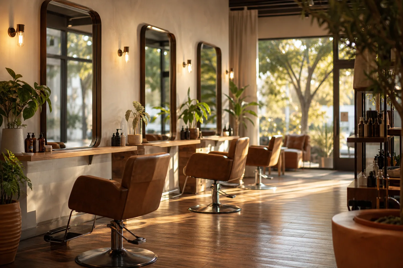 Lichtdurchfluteter Salon mit Lederstühlen