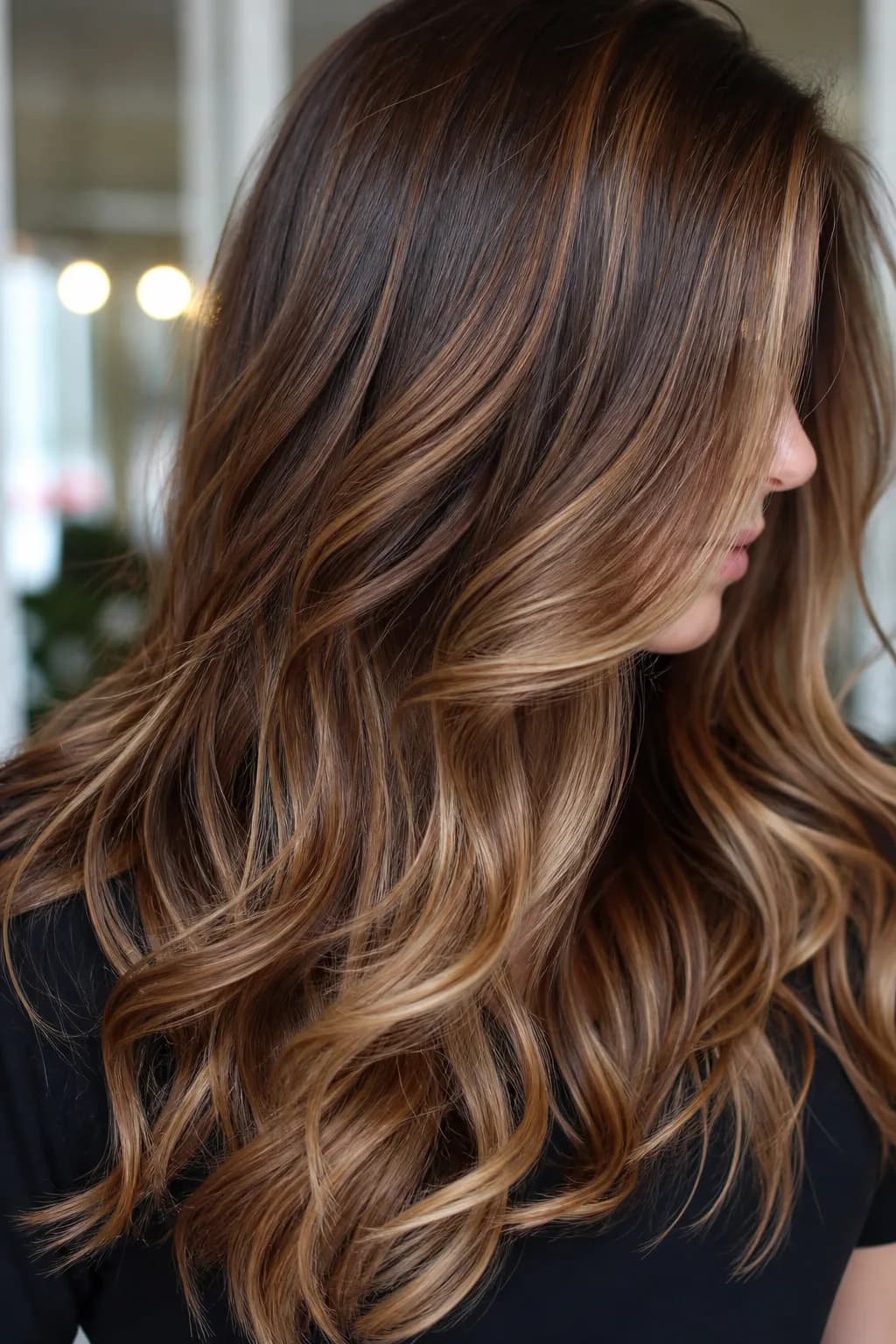 Lange Brunette-Wellen mit karamellfarbener Balayage